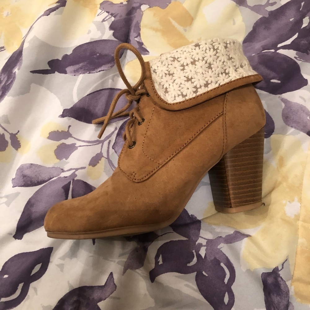 Tan Ankle Boots with Floral Lace Inspired Detail